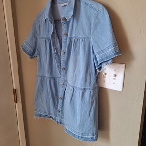 LOGO by Lori Goldstein Tiered Baby Doll Blue Button Down Shirt M